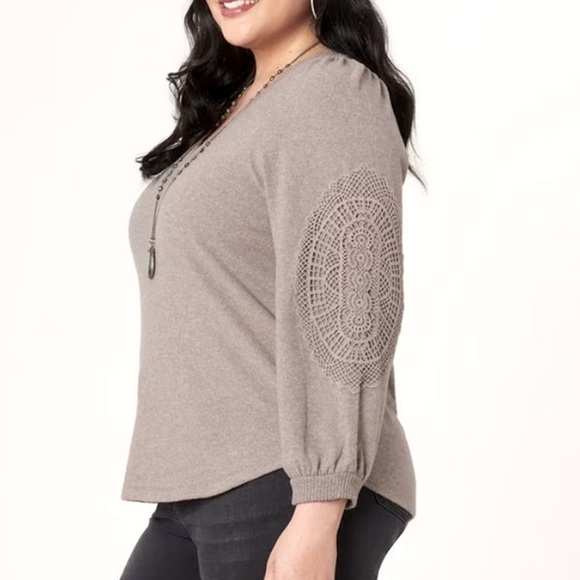 Democracy Long Sleeve Crochet Detailing Sweetheart Neckline Knit Top - Picture 1 of 7